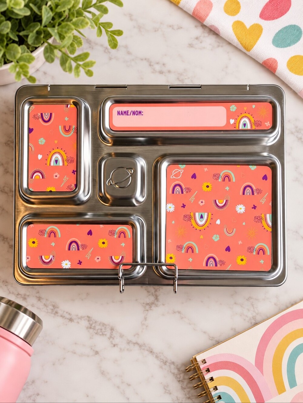 PlanetBox Rover Stainless Steel Bento Lunch Box with Pink Rainbow Magnets Kids